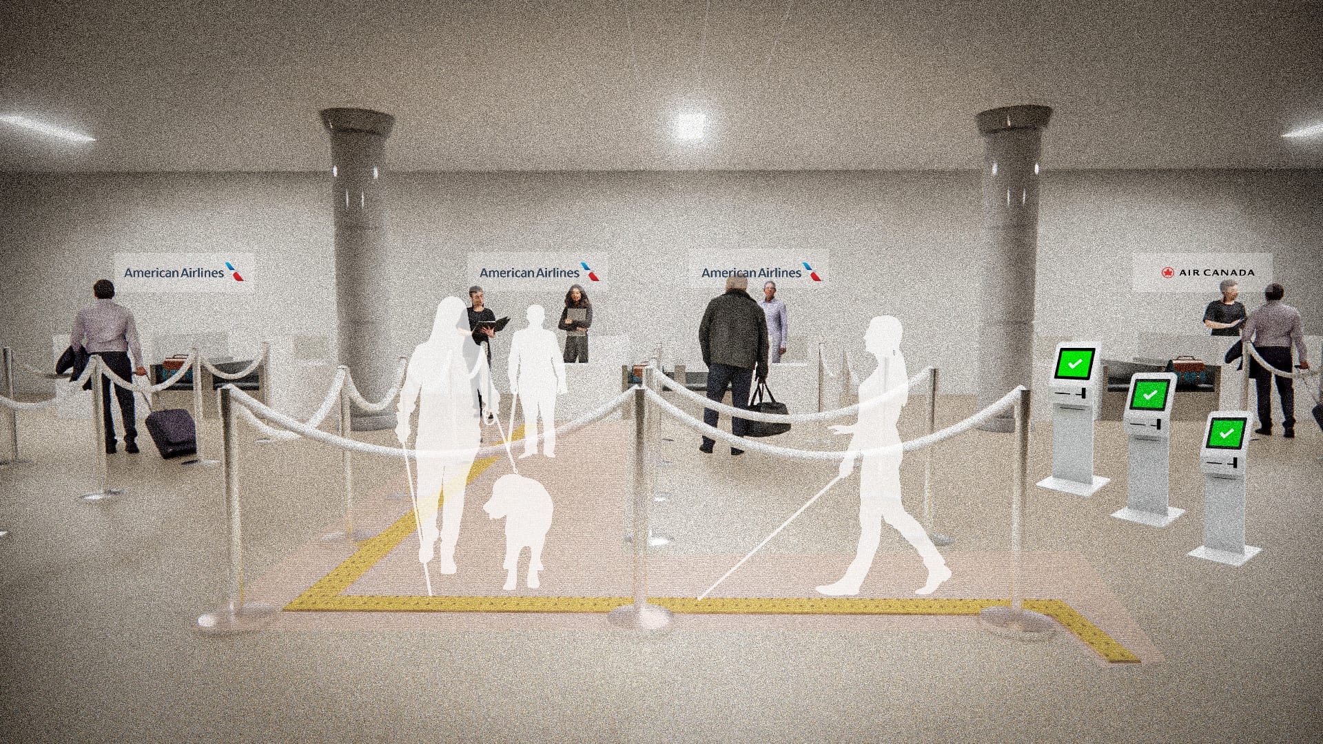 Check-in zone — tactile guidance to the counter