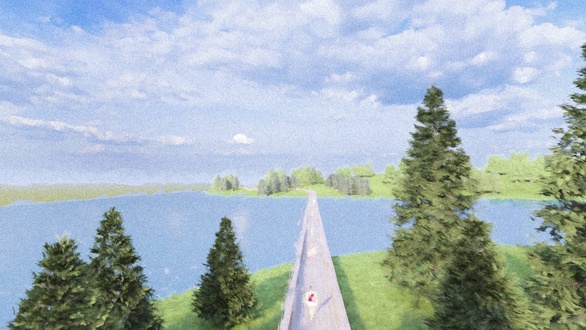 Node 03 — causeway approach across the quarry pond